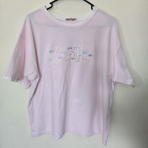 Vintage Embroidered School Of Fish Light Pink Tshirt With Faux Undershirt Sze XL